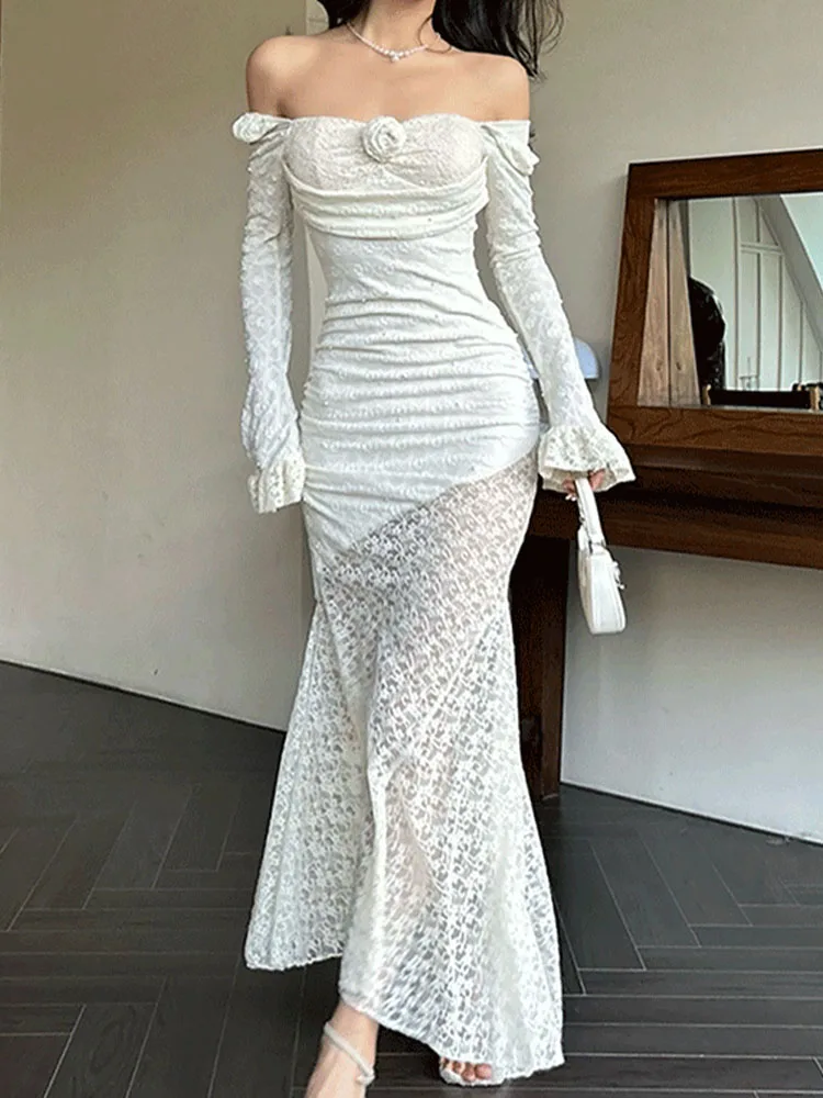 

White Lace Dress Women Off Shoulder Long Dresses Female French Retro Fashion Maxi Dress Elegant Evening Party Long Sleeve Robes