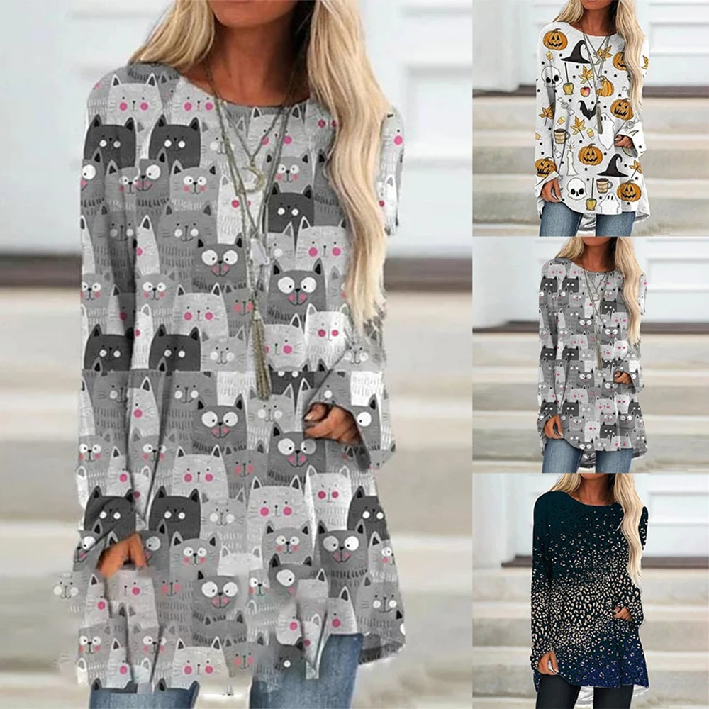 Fashion Women'S T-Shirt Cat Print Long Sleeve Top Loose Clothing High ...