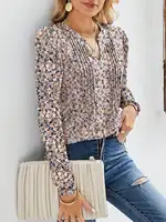 Women's Long Sleeve Casual Blouses Dressy Tunic Top V Neck Button Office Wear Fall Winter - Image 2
