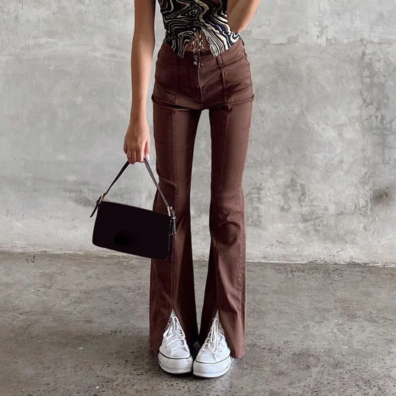 2021 Trend European and American Women's Retro Hot Girl Style Solid Color Slim-fit Split Micro Autumn and Winter Denim Trousers