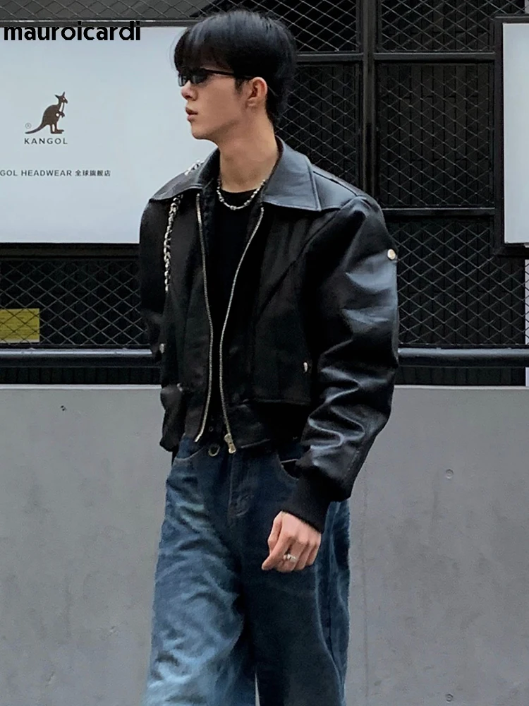 Marouicardi-男性用の黒いPUレザージャケット,長袖,ジッパー付き