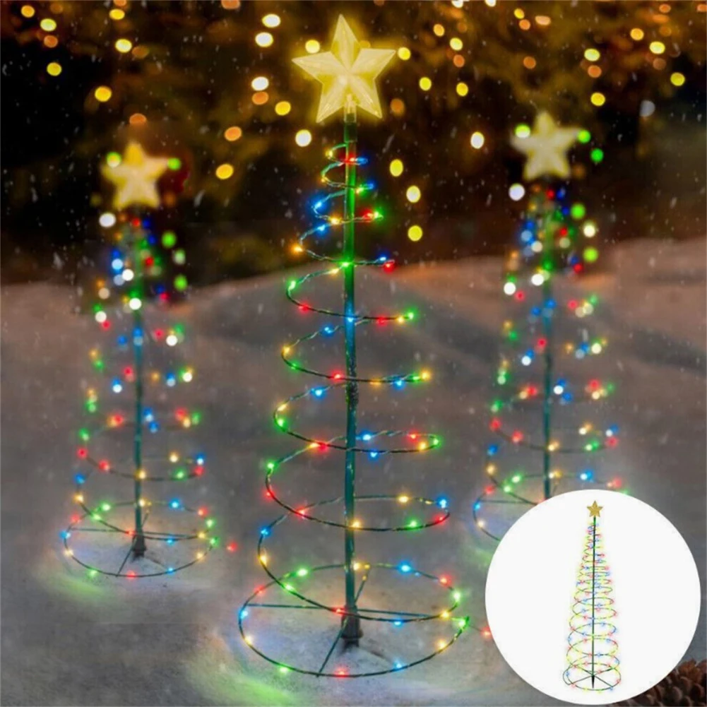 Solar Spiral Christmas Trees Outdoor Light Up Xmas Pathway Markers With Stake Waterproof Lights for Patio Yard Walkway Decor
