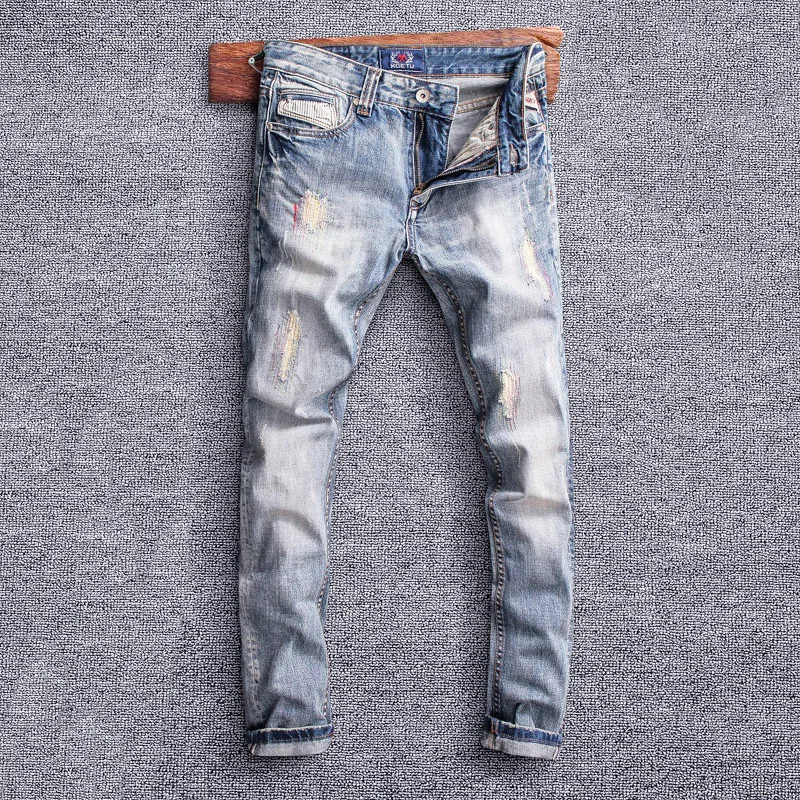 

Light Blue Embroidered Men's Jeans with Broken Patches Little Leggings Men's Denim Pants Men's