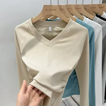 2025 الأساسية الخامس الرقبة سليم تي شيرت المرأة الصلبة تنوعا الاتجاه طويلة الأكمام أعلى الخريف الشتاء مطوي الخصر التخسيس قاعدة تي شيرت