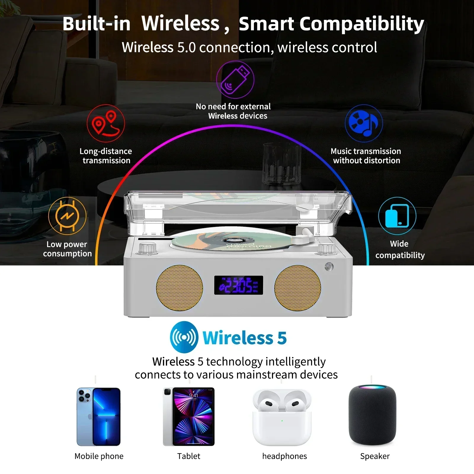 portable Retro CD Player Wireless Bluetooth Speaker FM Radio Music Player with Remote Control Colorful Atmosphere Light