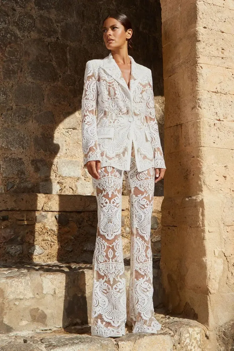 Lace Trim Embroidery Boutique Style Unquie Sewing New In Outwear Blazer Small Flare Pants 2pcs Slim Fit Suit Top Women's Outfit