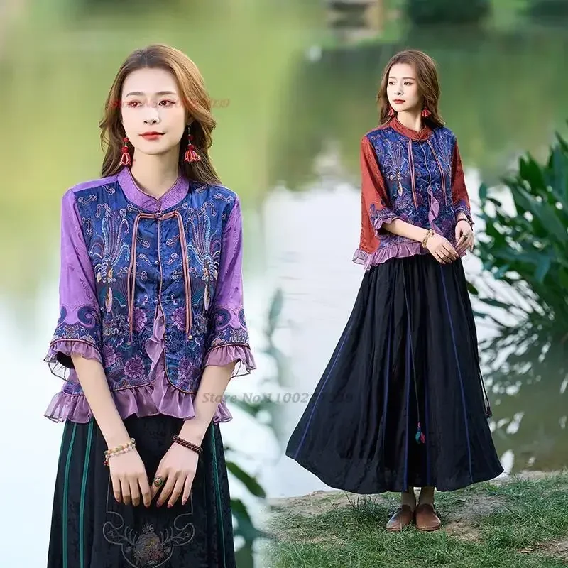 

2023 chinese national hanfu tops vintage flower embroidery hanfu blouse women ethnic tang suit oriental satin jacquard blouse