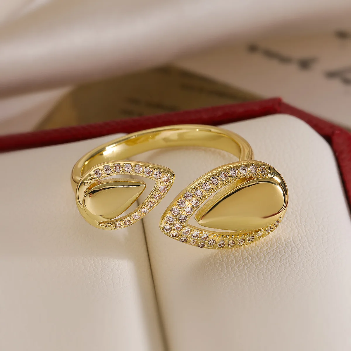 Punk Chunky Gold Color Glossy Droplet Double Opening Rings for Women Shiny Zircon Adjustable Retro Aesthetic Finger Ring Anillos