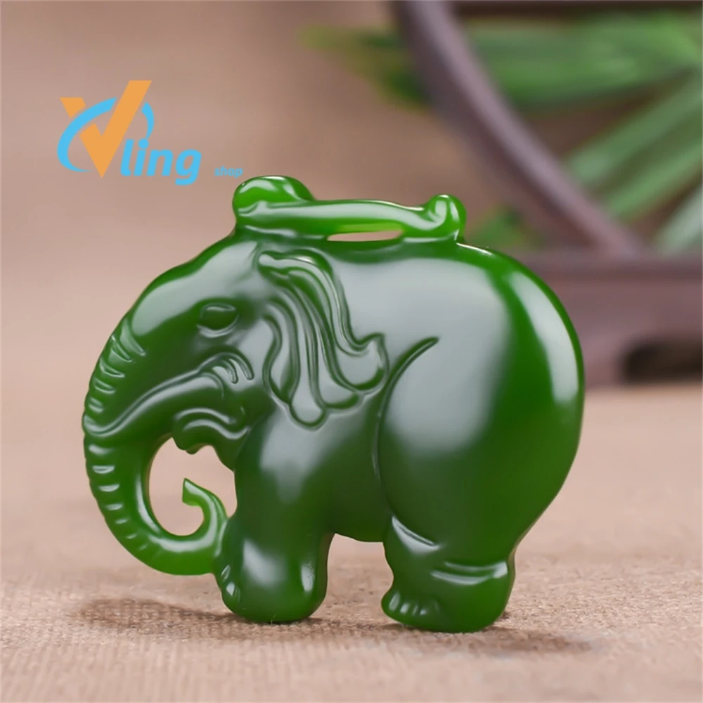 

Natural Chinese Jade Green Hand Carved Elephant Pendant Fashion Jewelry for Men and Women Towards Success Necklace Popular Gift