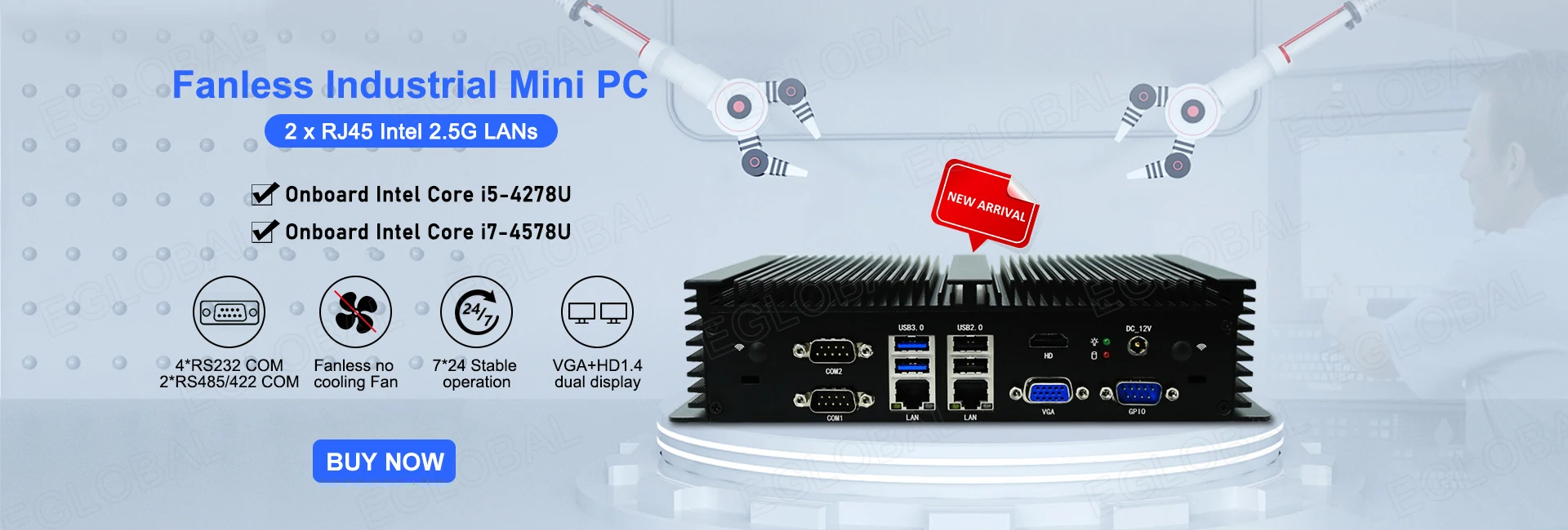 Eglobal Industrial Fanless Mini PC with I5 6300U, I7 10510U, Windows 7/8/10, VPN Router, VGA, HDMI, 4G, WiFi, BT Description Image.