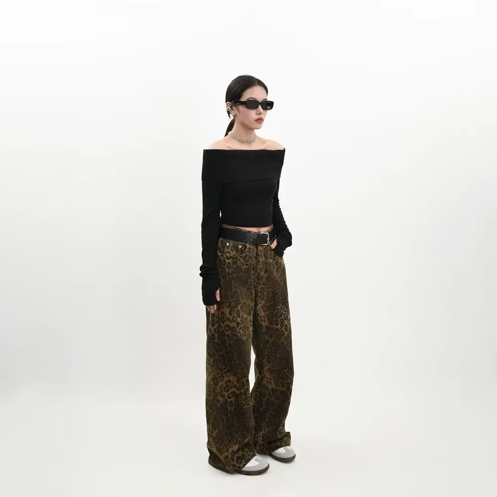 New Original American Retro Leopard Pattern Jeans Straight fit Loose Men's and Women's Autumn/Winter Trendy Casual Pants