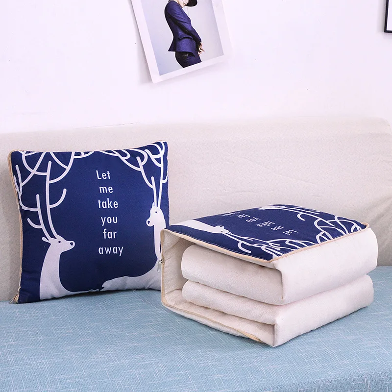 2 In 1 Pillow Travel Quilt Blanket Cartoon Thick Throw Pillow Portable Foldable Air Conditioner Cushion Blanket Car Sofa Office