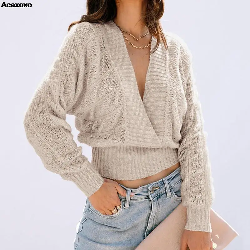 

2023 autumn new women's fashion casual V-neck long sleeve short sweater knitted fir