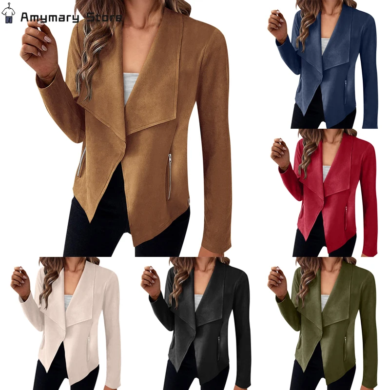 2024 New Women's Suit Jacket Solid Suede Lapel Zipper Pocket Office Commuting Formal Slim Cardigan Top Fashion Street Wear S-XL