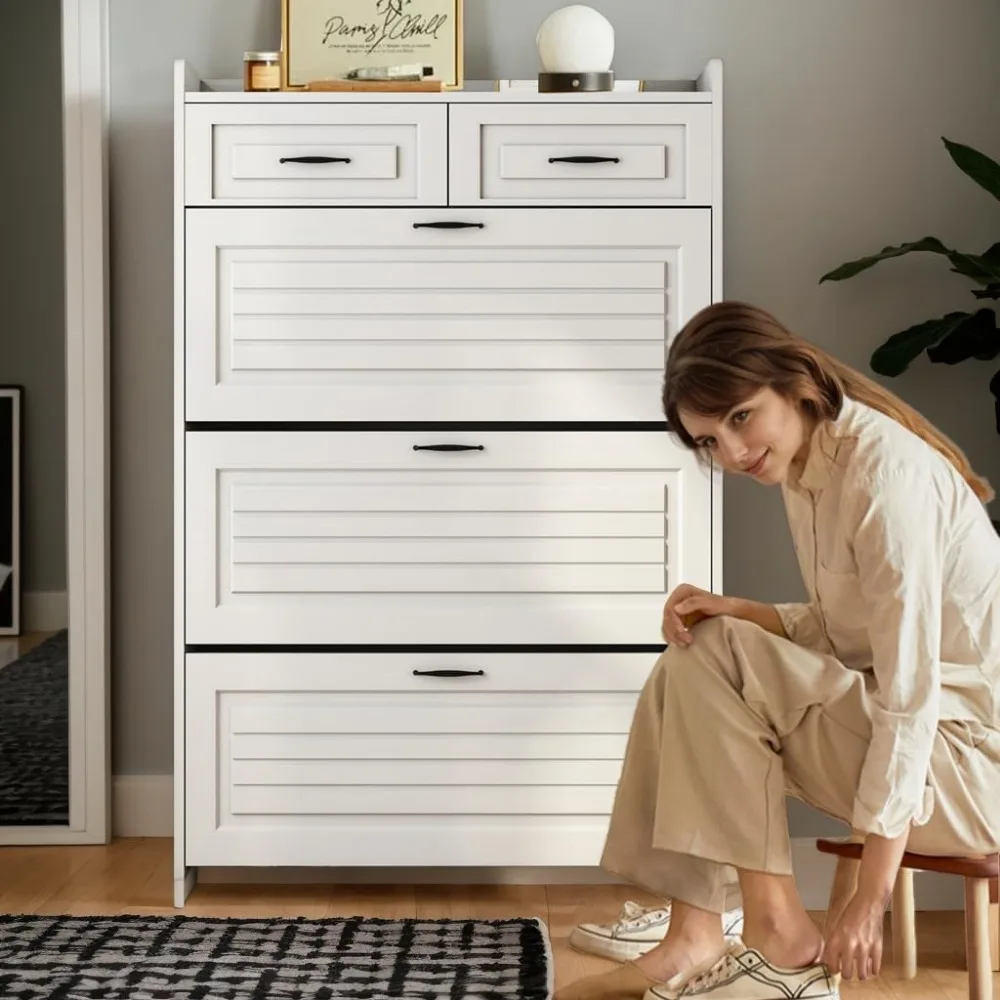 Multi Functional Narrow flip Shoe Cabinet with 3 Doors 2 Drawers, accommodate Various Shoes, Suitable for Entryway and corridors 5