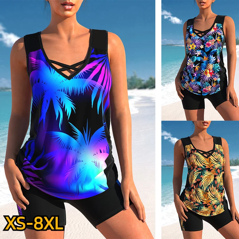 

2023 Women High Waist Tankini Summer New Design Printing Swimwear Swimsuit Bikini Bathing Suit Two Piece Set Beach Weart XS-8XL