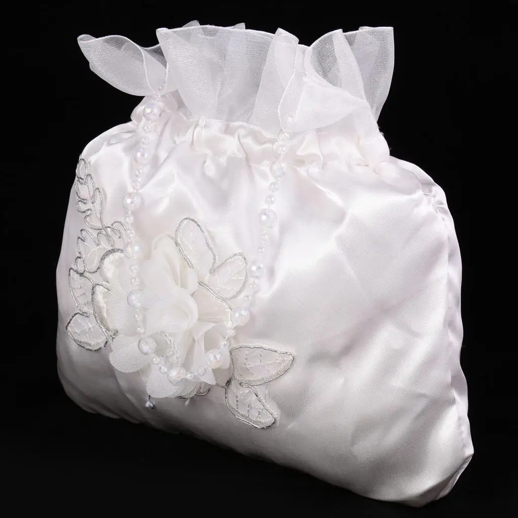 2016 New White Satin Pearl Bridal Bridesmaid Wedding Flower Girl Dolly Bag Prom Pouch Handbag