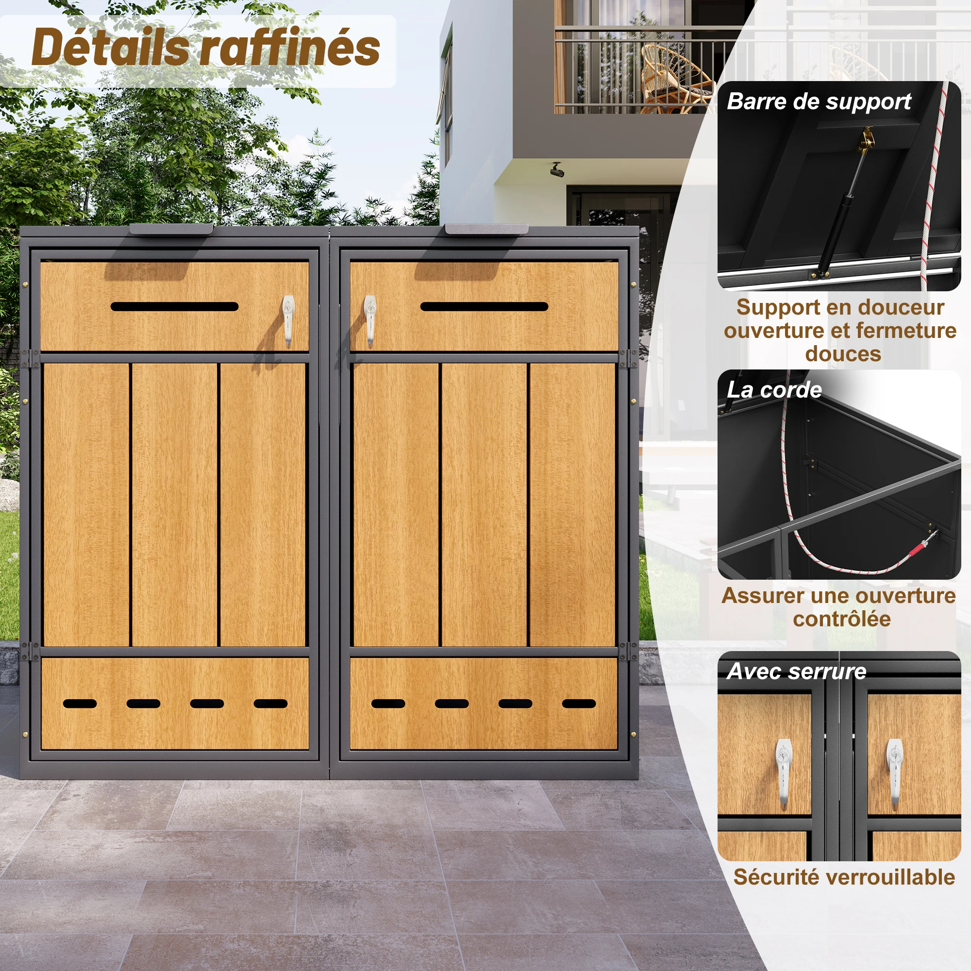 Mülltonnenaufbewahrungsbox für zwei 120-240L Behälter, mit Belüftungslöchern, Fächern, Schlössern und zwei Türen. – Detail 18