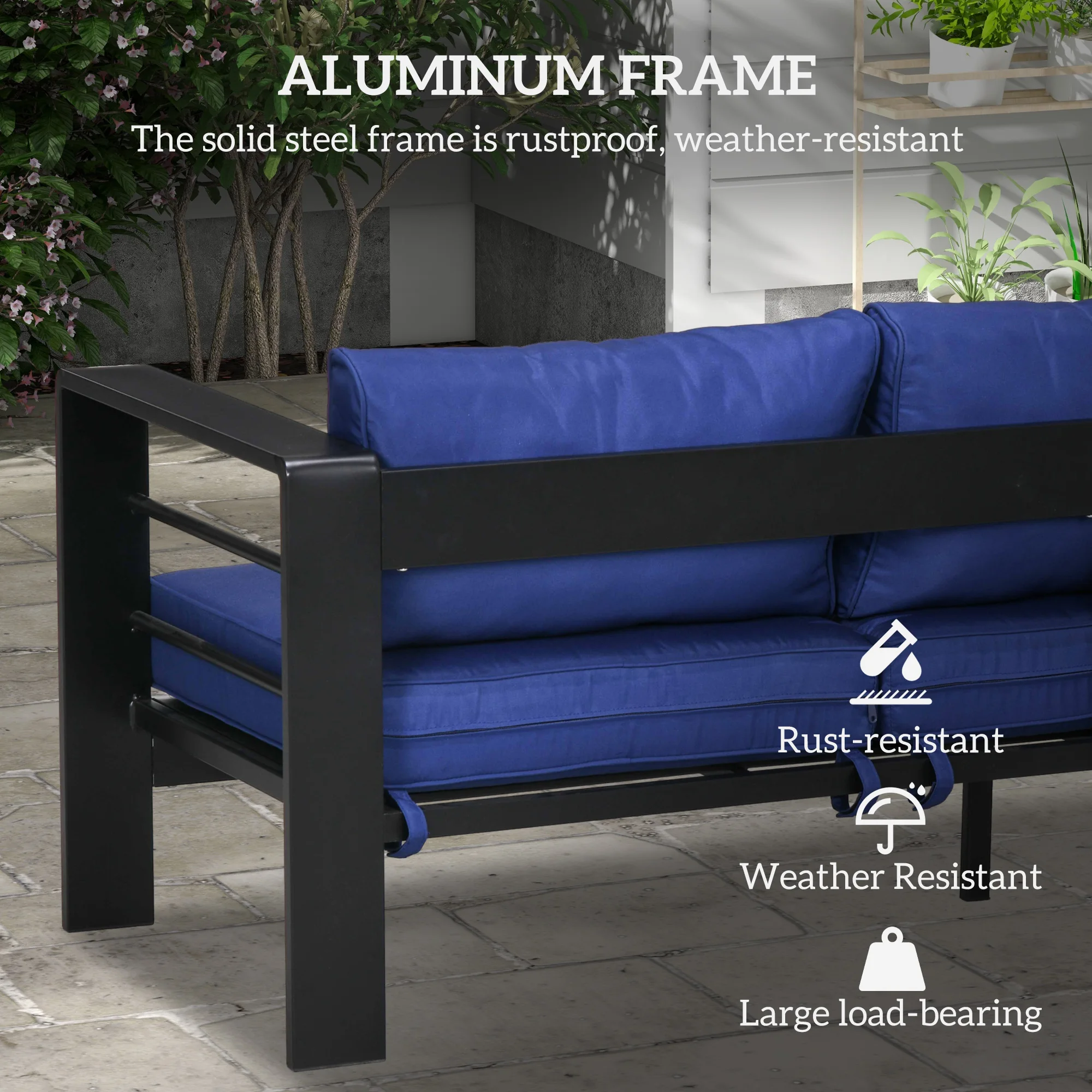 Outsunny Patio Furniture with Cushions, Aluminum Outdoor Sofa, Navy Blue 4