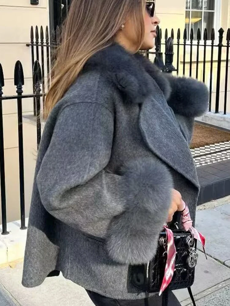 Winter Warm Fur Spliced Woolen Coat Women Loose Lapel Long Sleeve Solid Female Jacket 2025 Autumn New Lady Elegant Outerwear ﻿