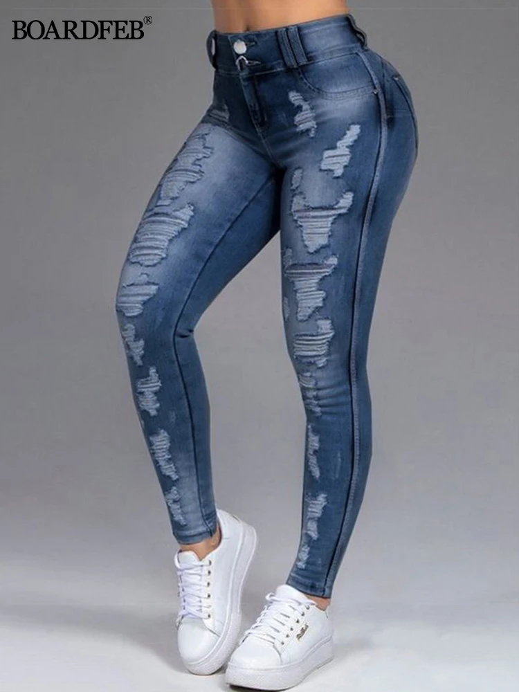 

Women Jeans Pants Ladies Casual High Waist Skinny Ripped Hole 2023 Spring Tights Female Denim Pencil Pants Distressed Trousers