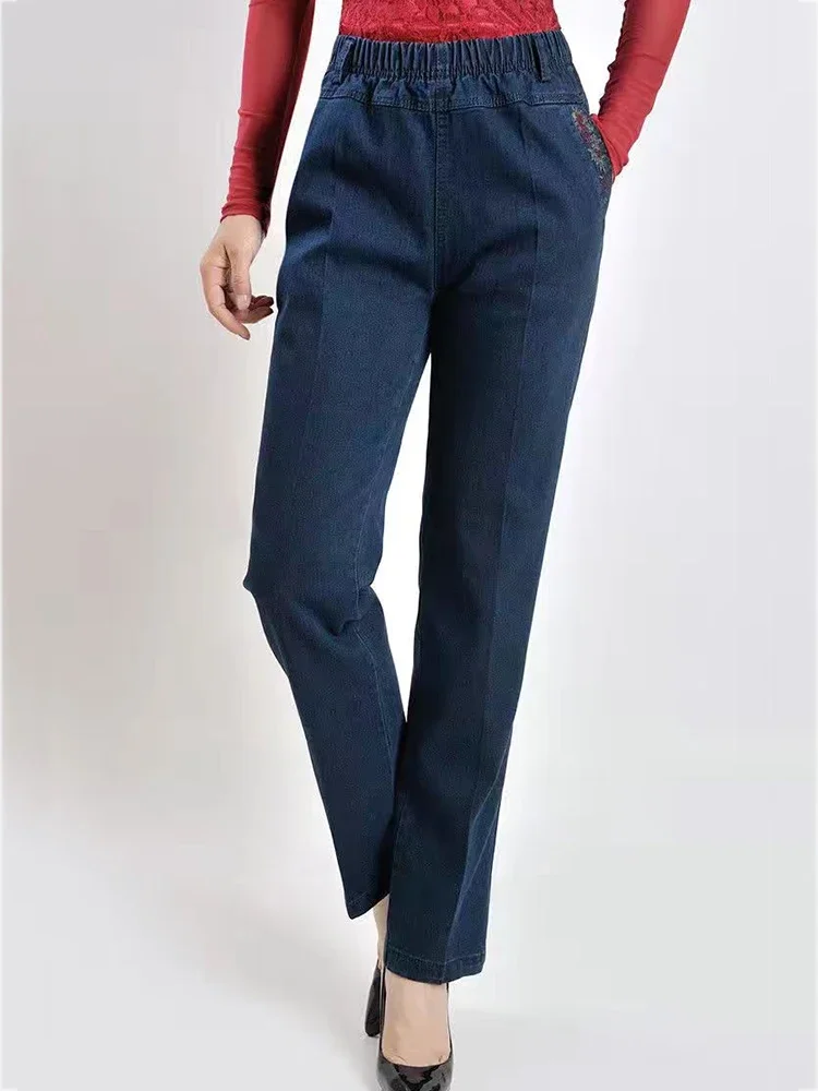 

High Waist Blue Straight Jeans Pants Women New Embroidery Pocket Big Size 5xl Vaqueros Pantalones Casual Mom Denim Spodnie