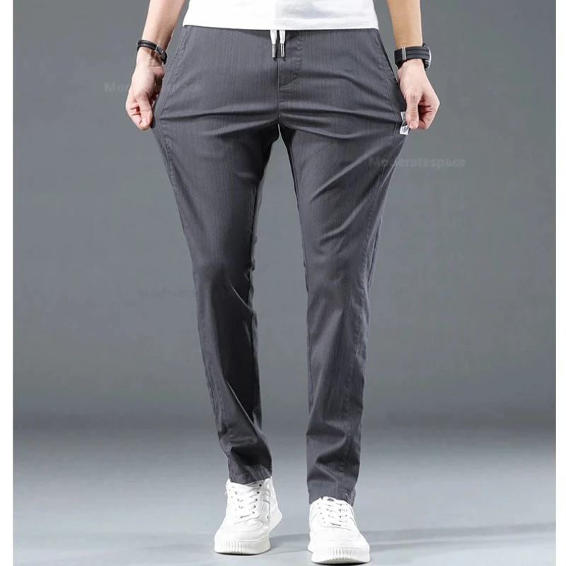 2024 Summer Thin Cotton Men's Casual Slim Pants Soft Comfortable Elastic Wrinkle Resistant Drawstring Classic Casual Pants Male 3