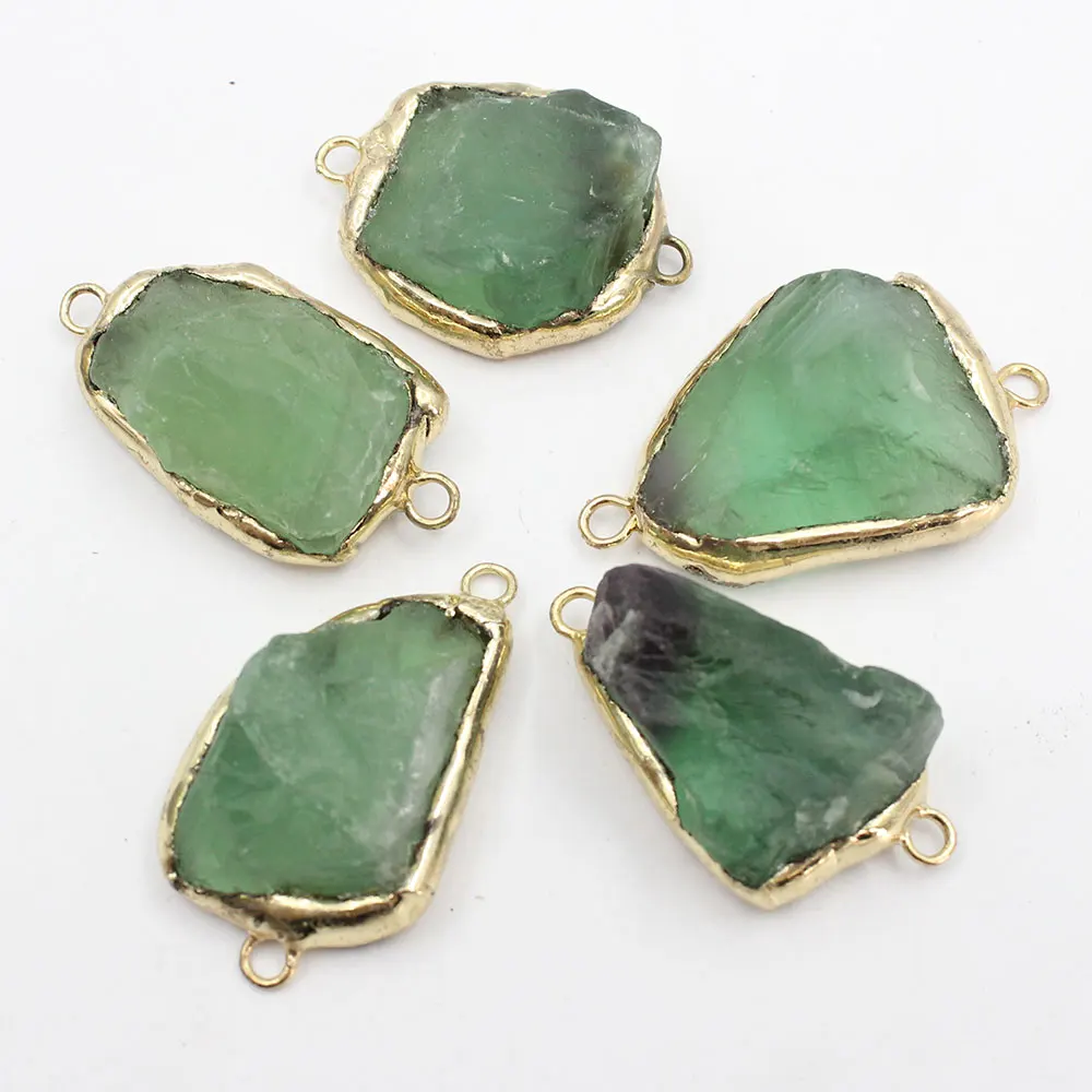 

5 PCS Natural Green Fluorite Rough Raw Connector Beads For Necklace Pendant Metal Bezel Connector DIY