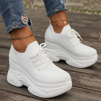 Women's Knitted White Wedge Sneakers 2026 Spring Breathable Mesh Chunky Platform Sneakers Woman Plus Size 42 Lace Up Sport Shoes 1
