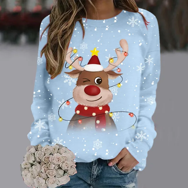 Cotton Christmas Pullover Womens & Girls Xmas Pattern Snowflakes & Reindeer Heads Full Printed Long Sleeve New Year Sweatshirt 1