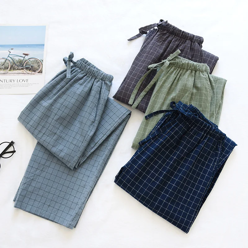 

Men Plus Size Cotton Pajama Lounge Sleeping Plaids Pants Thin Home Sleepwear With Pocket and Drawstring
