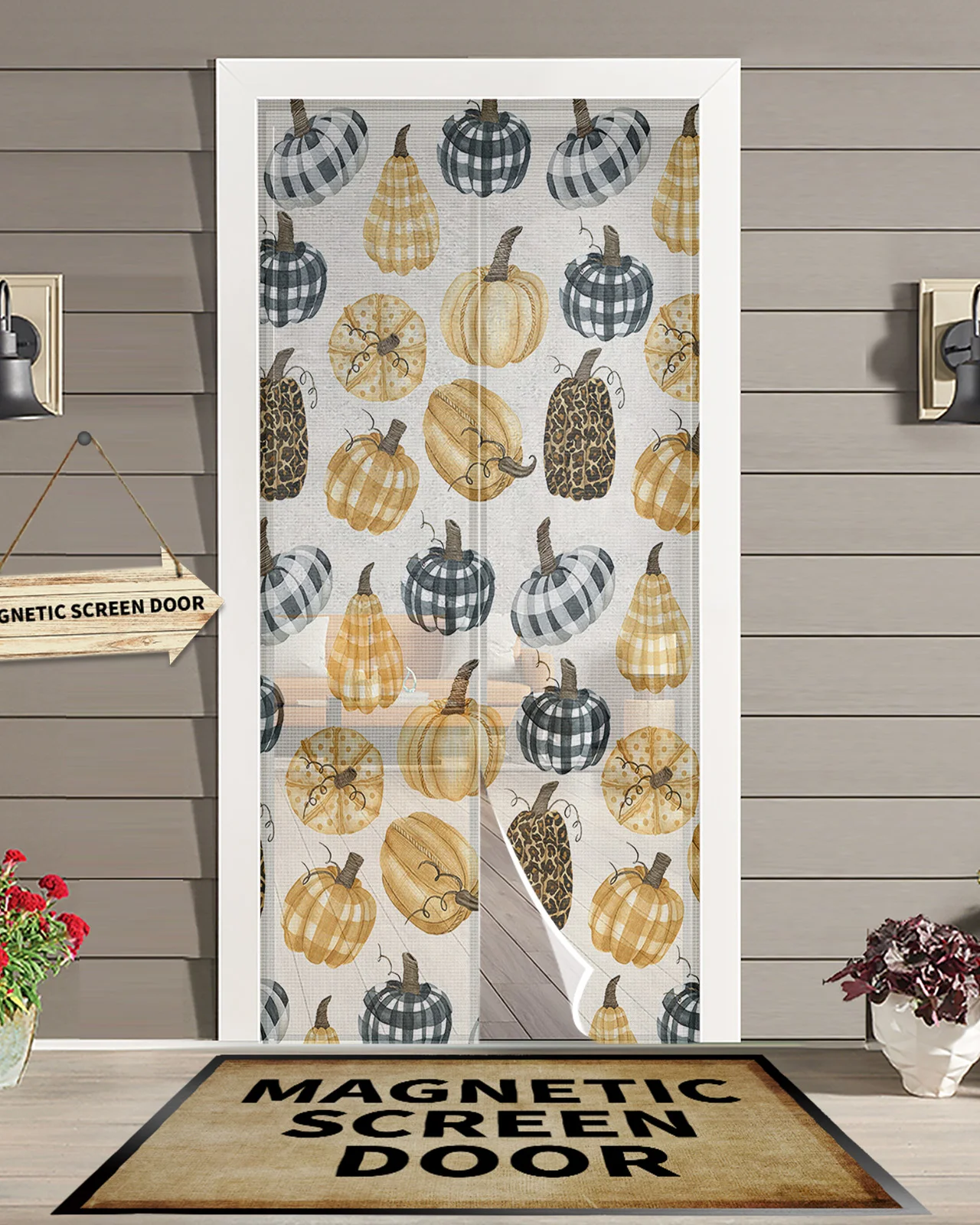 

Thanksgiving Fall Pumpkin Plaid Magnetic Door Curtain Living Room Bedroom Home Anti-mosquito Screen Door Curtain