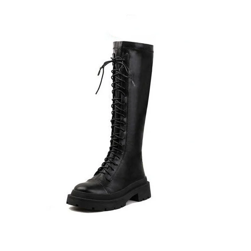 2022 Elegant Ladies Knee-High Boots Lace Up Round Toe Outdoor Female Casual Shoes Cross-tied Zippers Fashion Women Long Boots