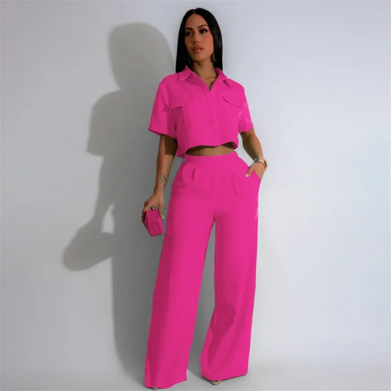 Solid Elegant Pant Sets Womens 2 Piece Outfit Summer 2024 Turn-down Collar Button Up Pockets Shirt Top and Wide Leg Pants Suit - Image 3