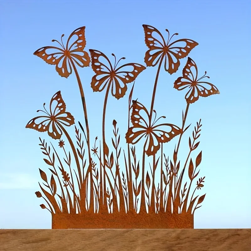Description Picture 2 of item1pc Rustic Metal Butterfly Garden Stake | Classic Rust-Colored Floral Design | Durable Outdoor Decor for Courtyard & Balcony