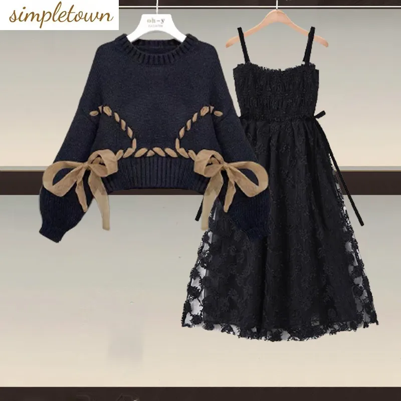 Oversized Women's Autumn Set 2023 New Slim Design Sense Reduced Age Knitted Sweater Lace Dress Two Piece Set