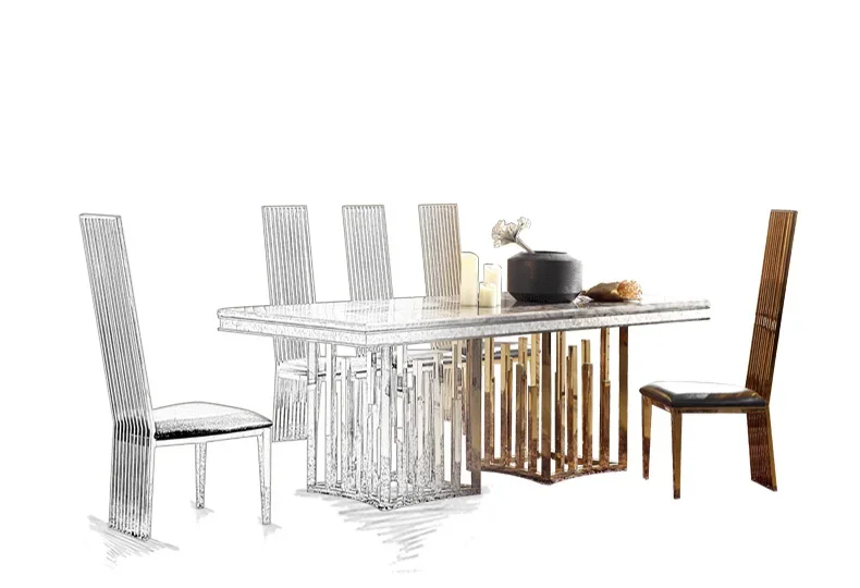 MANBAS Luxury Marble Dining Table and 4 Chairs Set Sticking Seashells In Stainless Steel Gold Color for Elegant Home Decoration