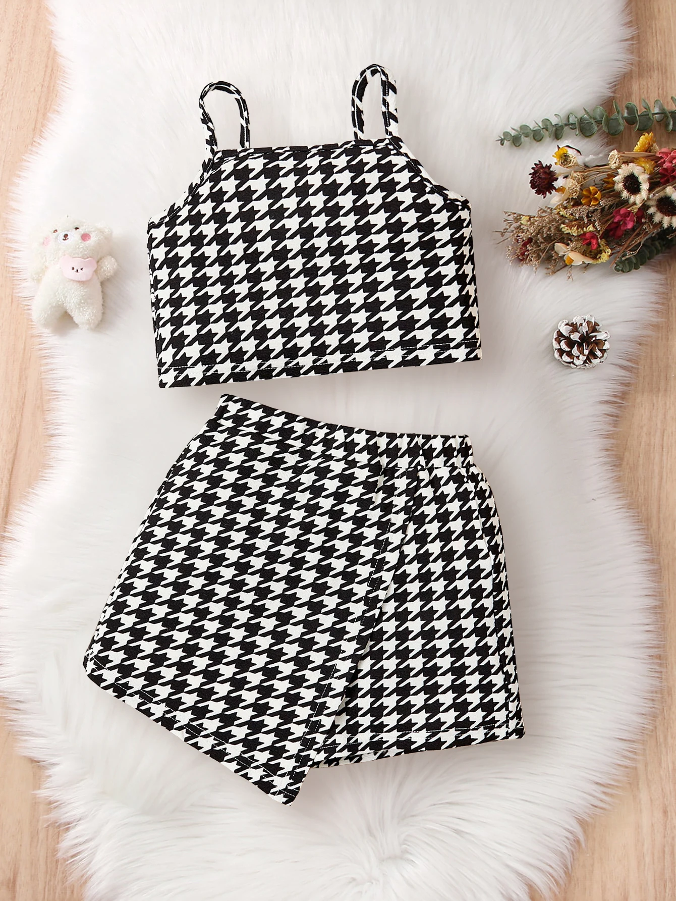 Girls Skirt Set Summer Houndstooth Short Camisole Top & Casual Skirt Children and Baby Girls 2pcs Set children skirts