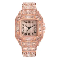 Elegant Men's Steel Strap Square Roman Rhinestone Quartz Watch (Rose gold)