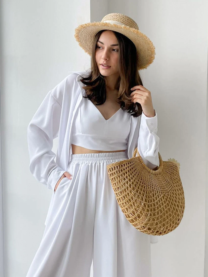 Marthaqiqi Long Sleeve Women Sleepwear 3 Piece Set Turn-Down Collar Pajamas Sexy Tank Tops Nightwear Wide Leg Pants Nightie Sets