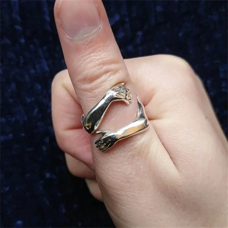 New Creative Hands Embrace Adjustable Open Ring for Women Men Simple Trendy Silver Color Alloy Ring Jewelry Anillos Steampunk