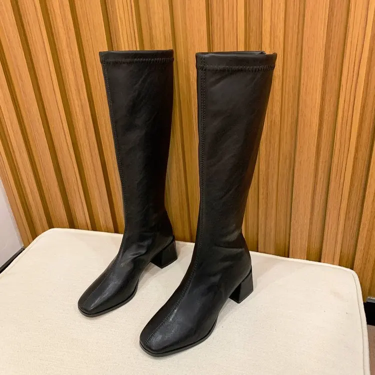 Soft Leather High-heeled Knee Boots Women's Ins Tide 2022 Autumn and Spring New British Style Thick-heeled Thin High Boots