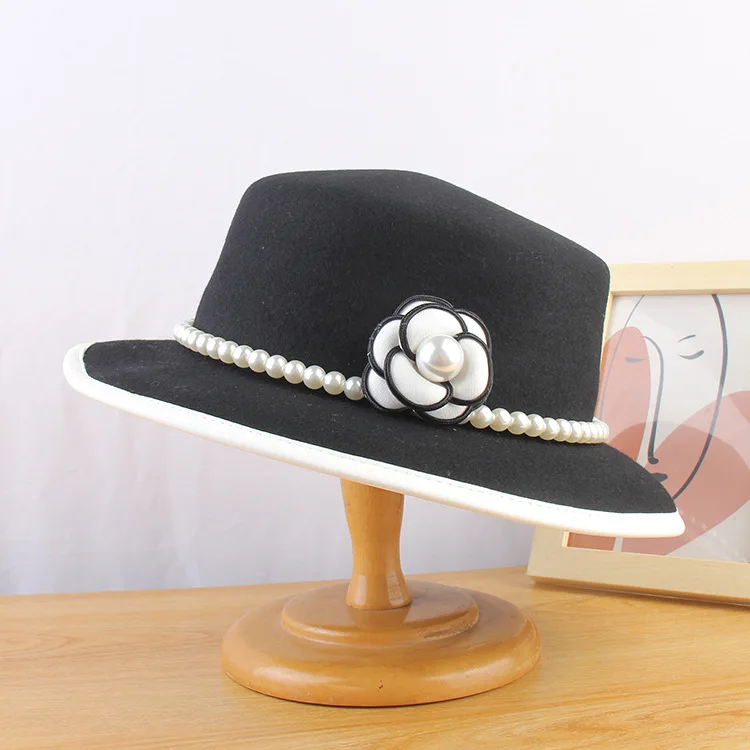 

French Chapeau Feutre Femme Fedora Hat Women Elegant Black Wool Felt Pearl Sombreros Jazz Church Cap Bow Flower Panama Fedoras