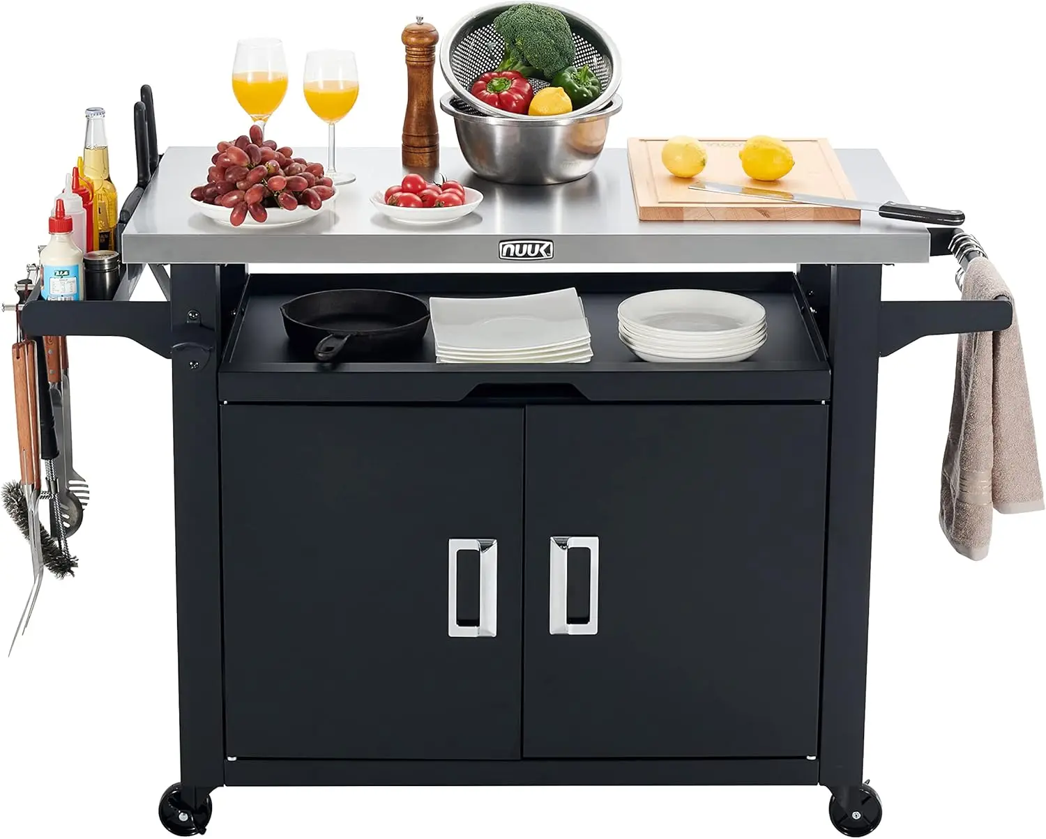 Pro 42-Inch Rolling Outdoor Kitchen Island and BBQ Serving Cart, with Heavy Duty Wooden Cutting Board and Propane Tank Hold