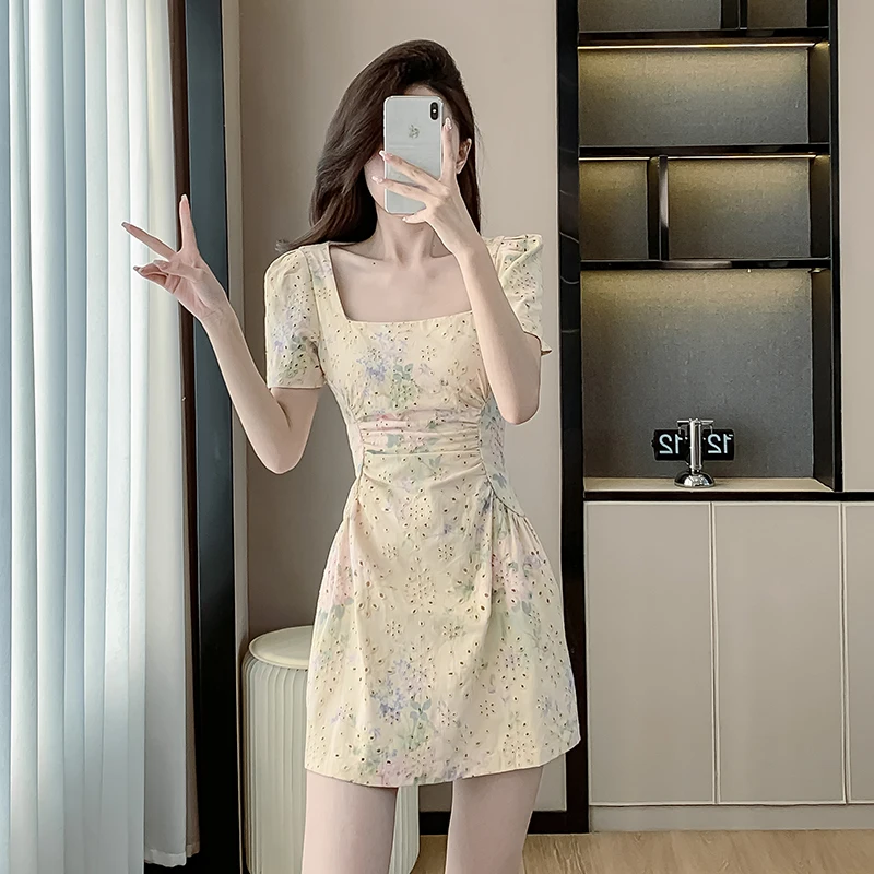 

Женское шифоновое платье-трапеция, элегантное ажурное платье с коротким рукавом и квадратным вырезом, приталенное платье с принтом, лето 2024