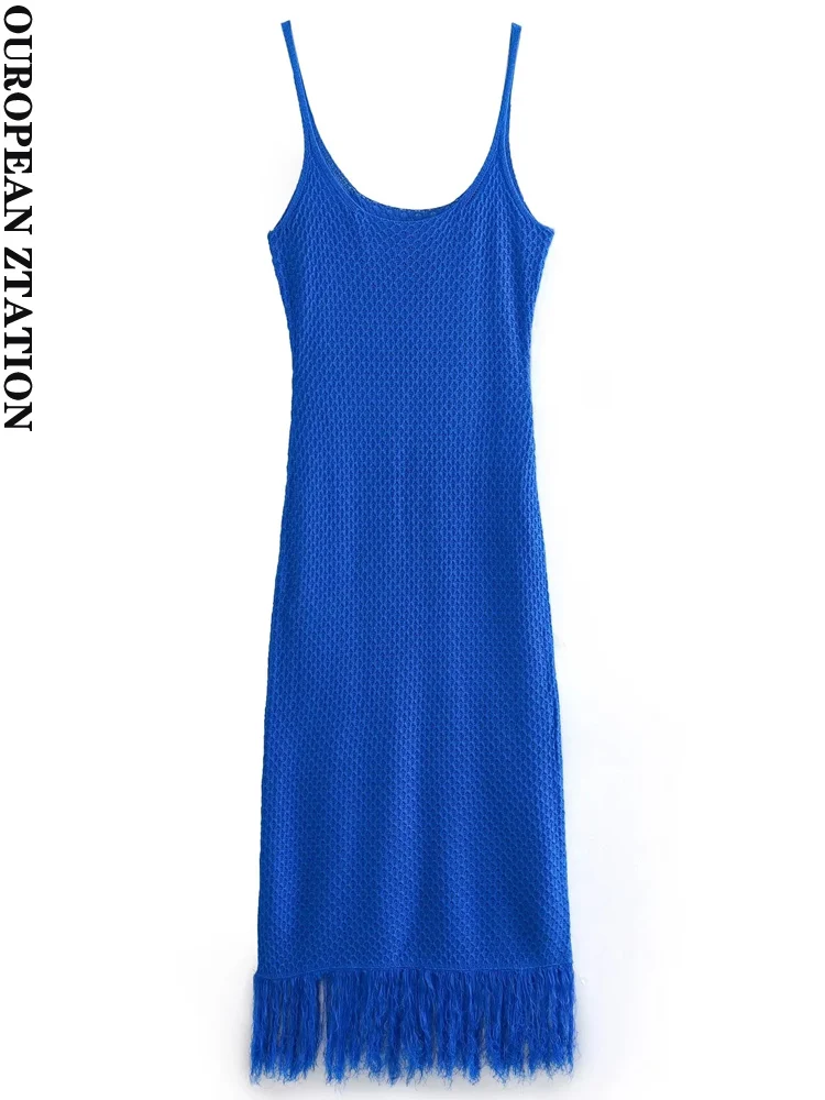 

PAILETE Women 2023 fashion with tassel knit midi dress sexy backless thin straps female dresses vestidos mujer