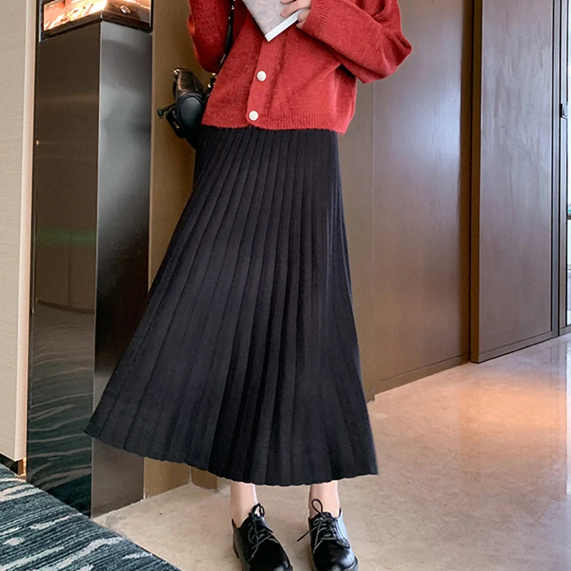Winter Plus Size Pregnant Women Knitting Pleated Skirts High Waist Large Hem Maternity Belly Skirt Pregnancy Empired Skirts