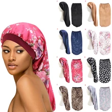

Fashion Long Satin Bonnet Sleep Cap with high elastic hair band Night Cap Hair Care Bonnet Nightcap for Women Men chemo Caps
