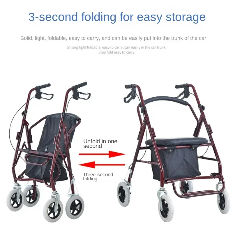 Aluminum Alloy Elderly Shopping Handcart, Push-and-Sit Capability, Four-Wheel Foldable Cart, Seating Mobility Walker 6