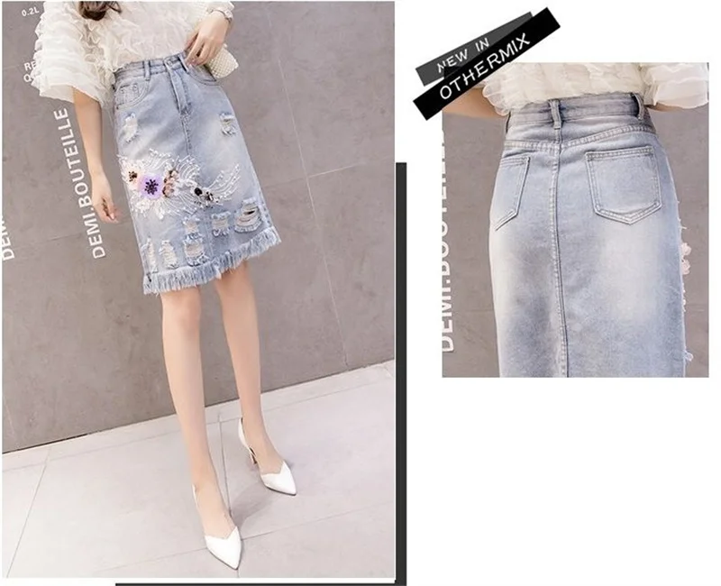 2022 Women's Denim Skirts Spring Summer High Waist Heavy Work Embroidery Flower Jeans Skirt Plus Size Hole Cowboy Skirt nike tennis skirt